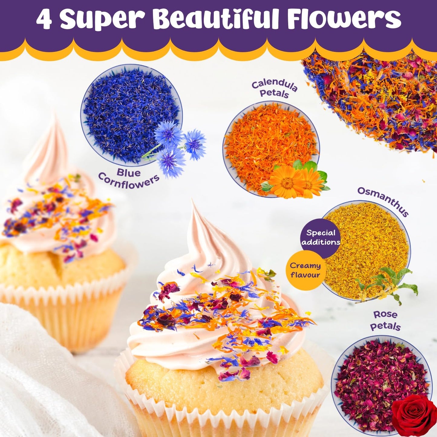 Fangkic Edible Flower Petal Blend - 4 Kinds, 3.5 Ounce for Cakes, Cocktails, Soap, Ice Cream