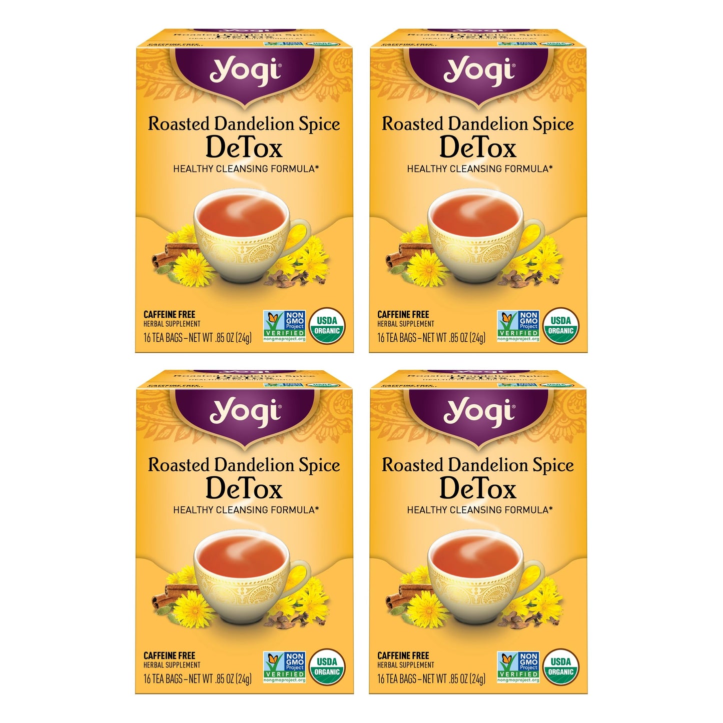 Yogi Tea Roasted Dandelion Spice Detox Tea - 16 Tea Bags Per Pack (4 Packs) - Organic Detox Tea - Includes Roasted Dandelion Roo
