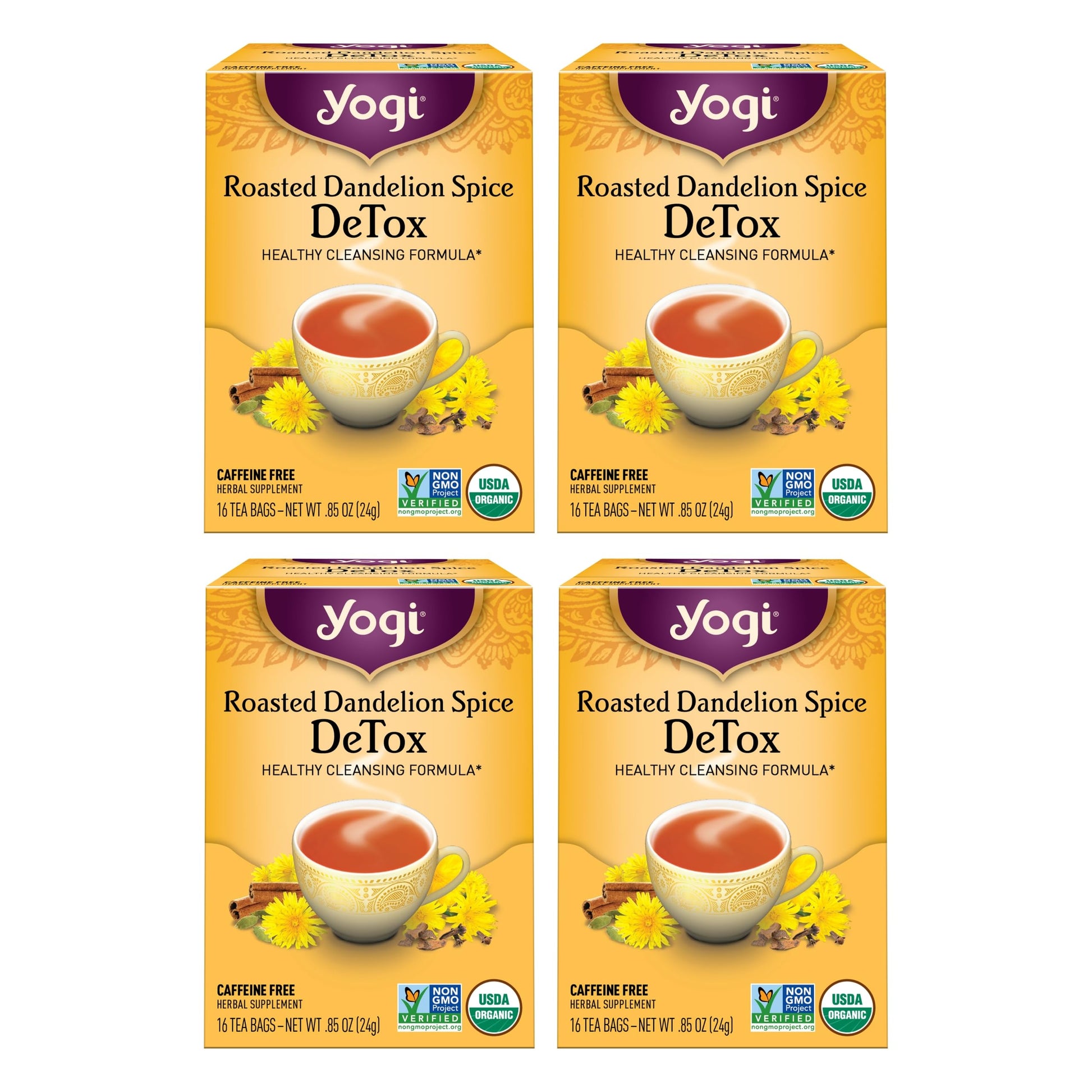 Yogi Tea Roasted Dandelion Spice Detox Tea - 16 Tea Bags Per Pack (4 Packs) - Organic Detox Tea - Includes Roasted Dandelion Roo