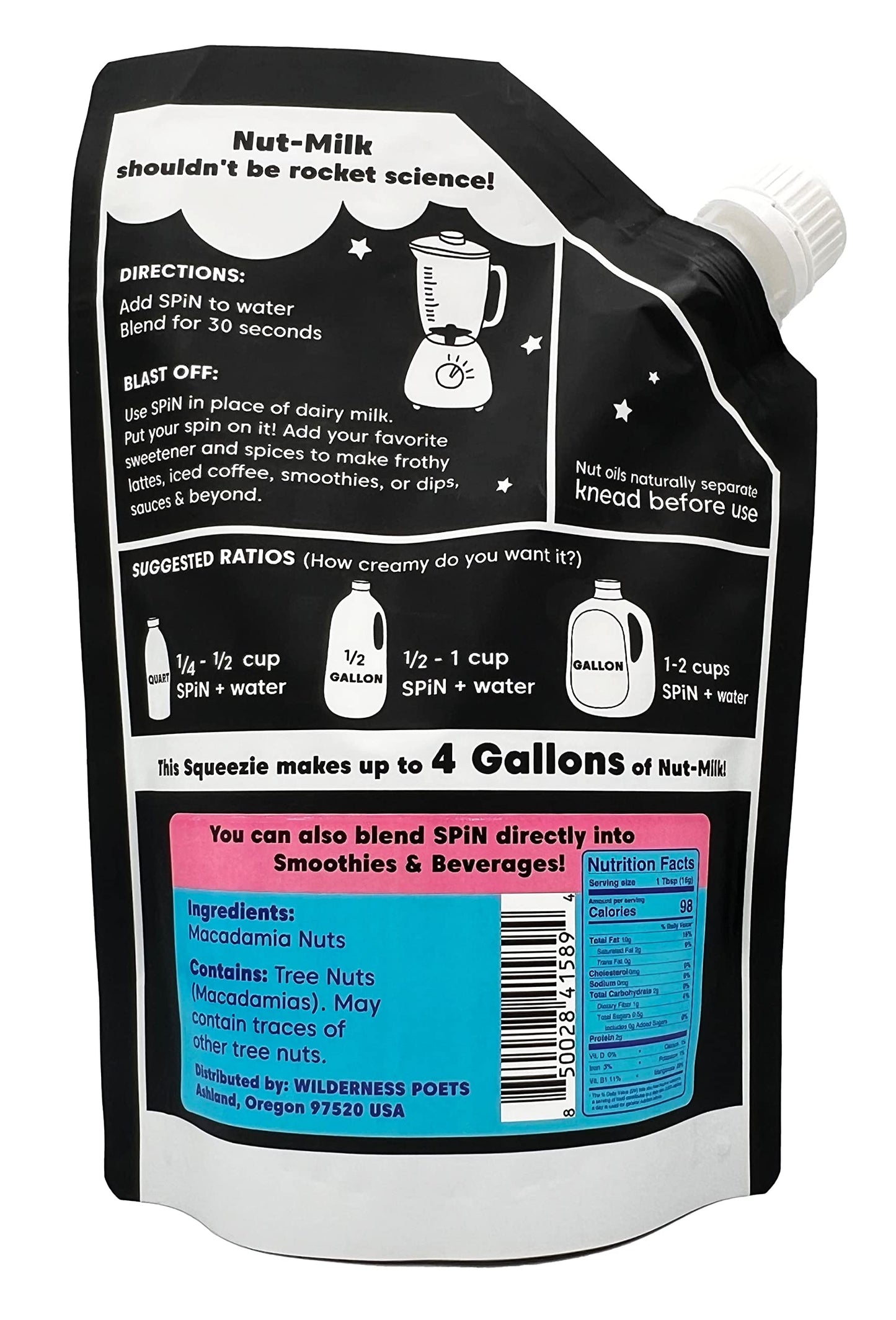 Wilderness Poets Macadamia Milk Concentrate, Unsweetened, 32oz Squeeze Bag - Makes 4 Gallons of Dairy-Free Milk & Creamer for Beverages