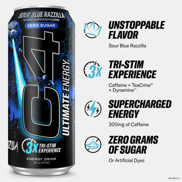 Cellucor C4 Ultimate | Pre Workout Sugar Free Energy Drink | Tri-Stim Experience with 300mg Caffeine + TeaCrine + Dynamine | Sour Blue Razzilla| 16oz (Pack of 12)