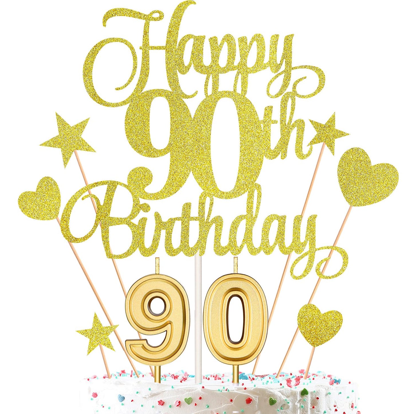 HOGRTi 90th Birthday Cake Decorations Set with Candles, Toppers & Picks, Gold Series