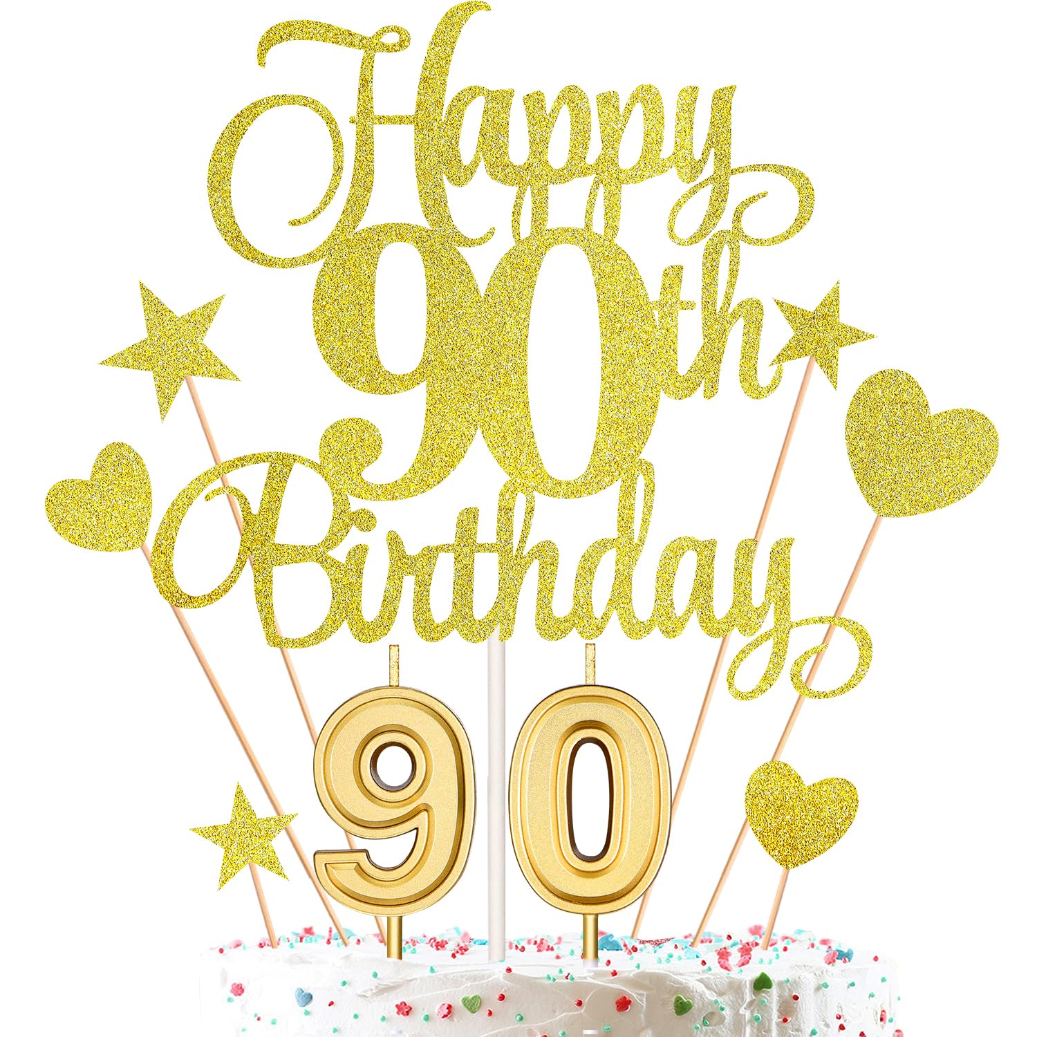 HOGRTi 90th Birthday Cake Decorations Set with Candles, Toppers & Picks, Gold Series