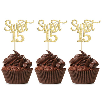 Gyufise 24Pcs Sweet 15 Cupcake Toppers Gold Glitter Number 15 Fifteen Cake Picks Decorations For 15Th Birthday Anniversary Party