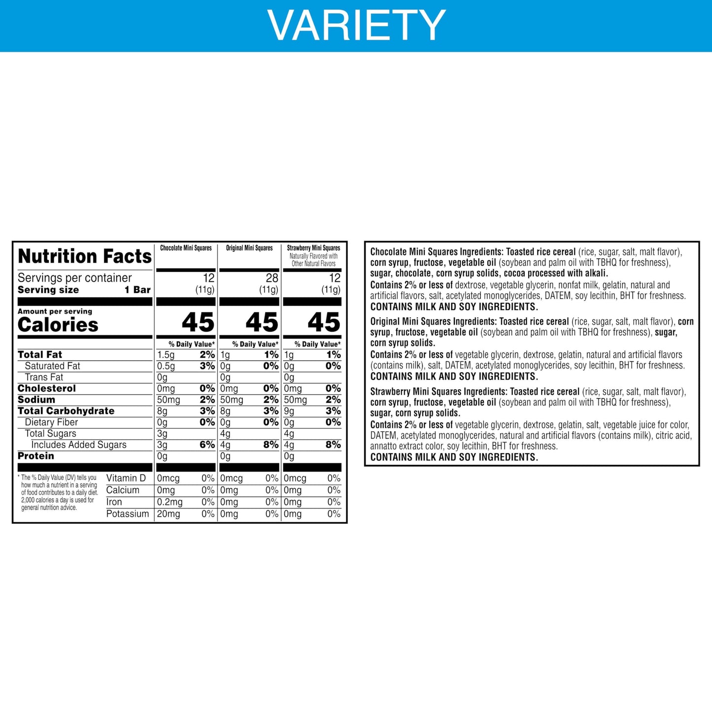 Rice Krispies Treats Mini Squares, Kids Snacks, Lunch Snacks, Variety Pack, 20.1Oz Box (52 Bars)