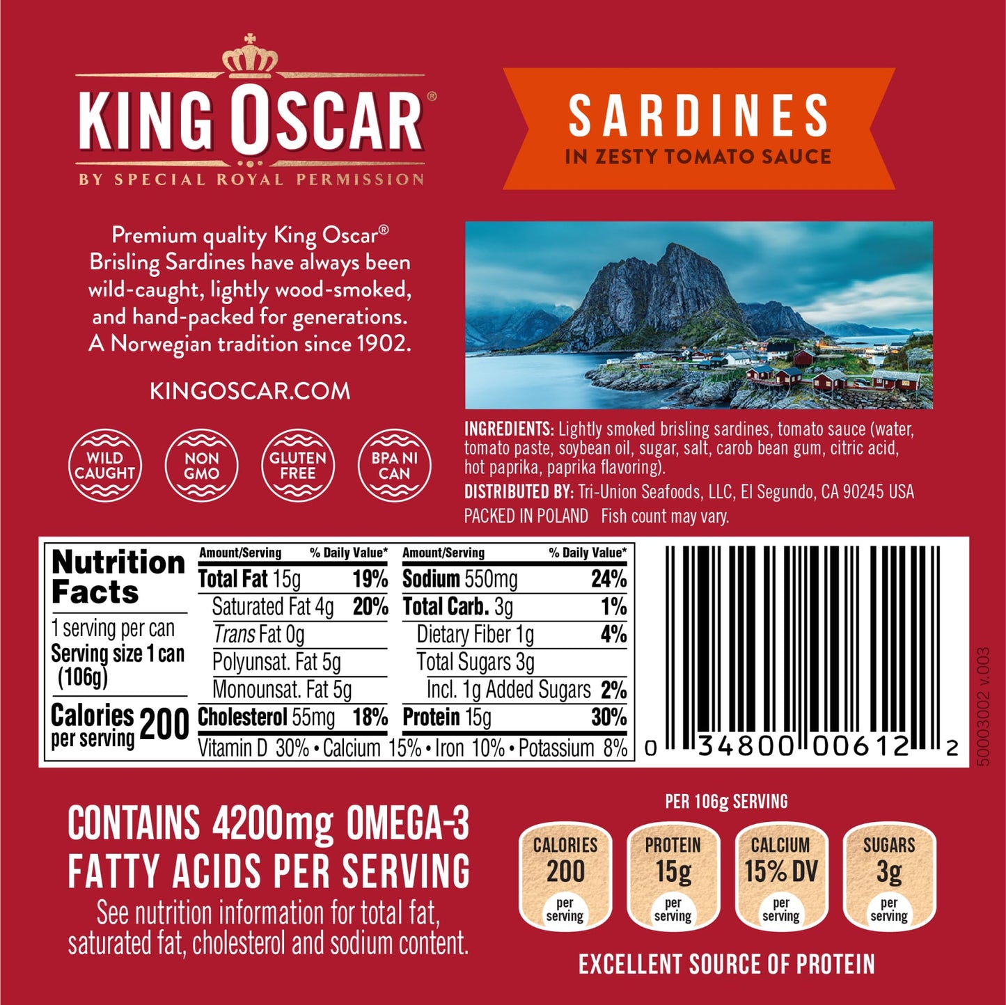 King Oscar Brisling Sardines in Zesty Tomato, 3.75 oz Cans, Pack of 12