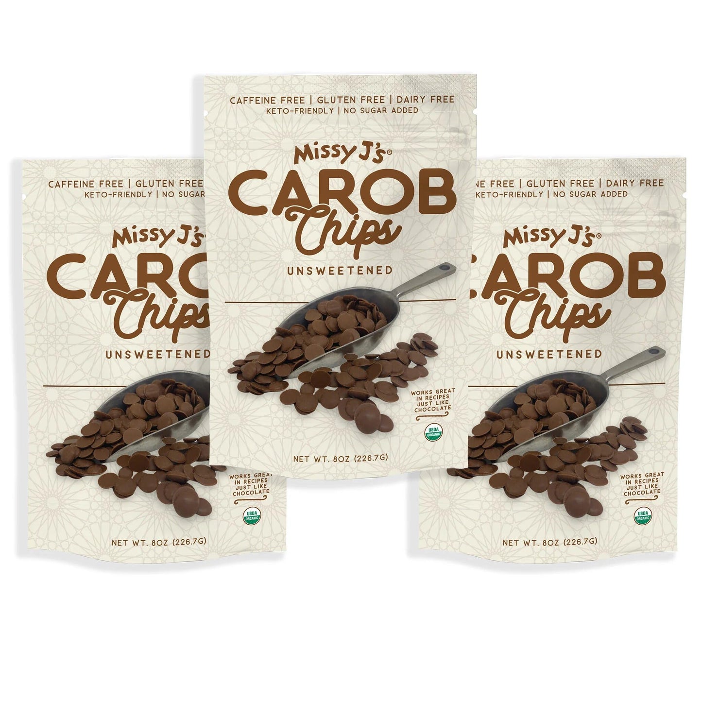 Missy Js Organic Unsweetened Carob Chips, Vegan, Gluten-Free, 8 oz, 3 Pack, Chocolate