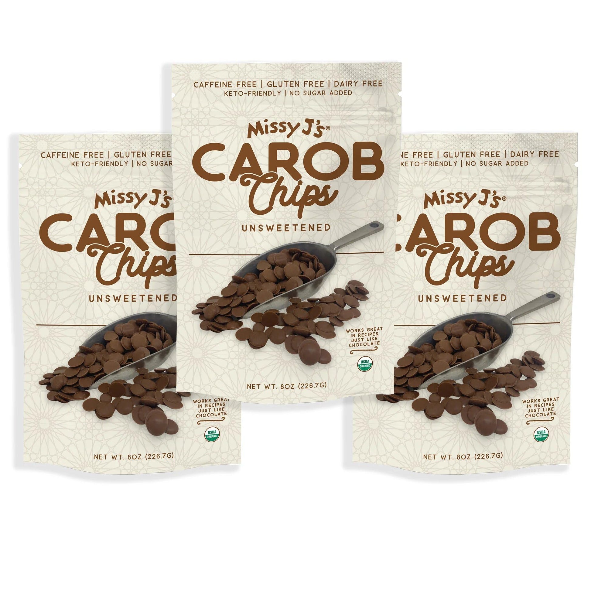 Missy Js Organic Unsweetened Carob Chips, Vegan, Gluten-Free, 8 oz, 3 Pack, Chocolate