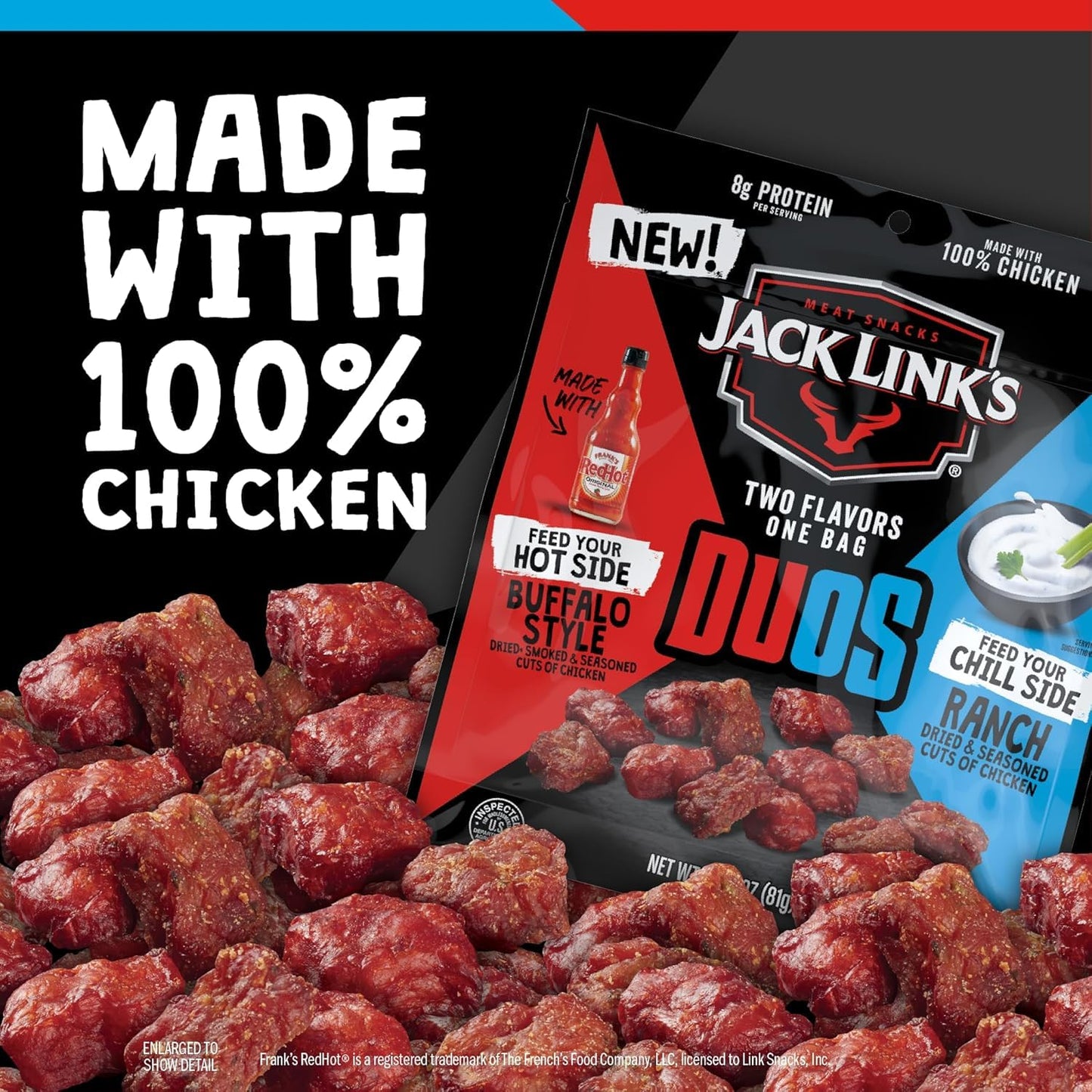 Jack Link'S Duos Frank'S Redhot Buffalo Style With Creamy Ranch Flavor Chicken Bites, Under 100 Calories Snacks, 8G Of Protein,