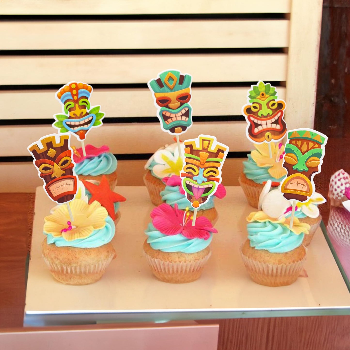 Gyufise 36Pcs Tiki Tribal Masks Cupcake Toppers Hawaiian Tropical Tiki Totem Cupcake Picks Summer Hawaiian Aloha Tropical Birthd