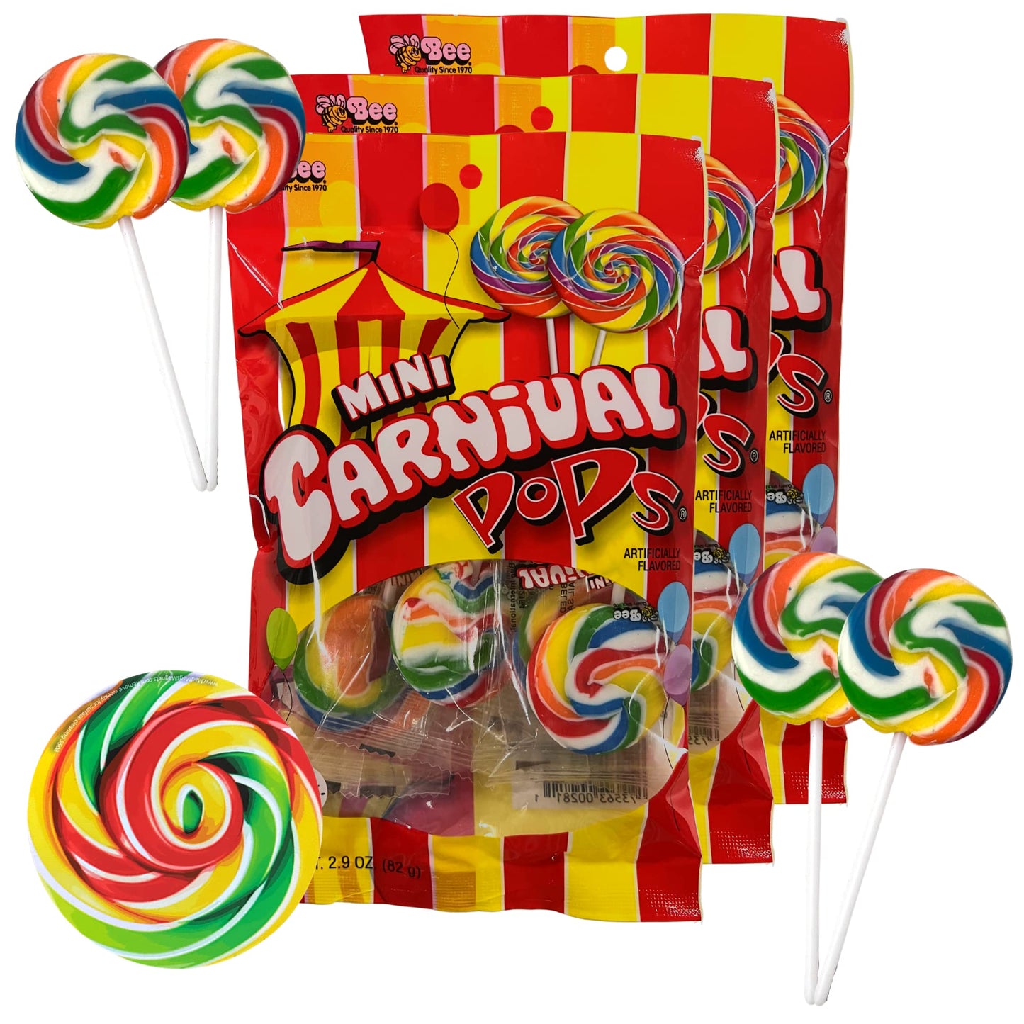 Mini Carnival Lollipop Packs, Shareable Individually Wrapped Traditional Multi Colored Swirl Pops, Candy Accessory Included, 7 L