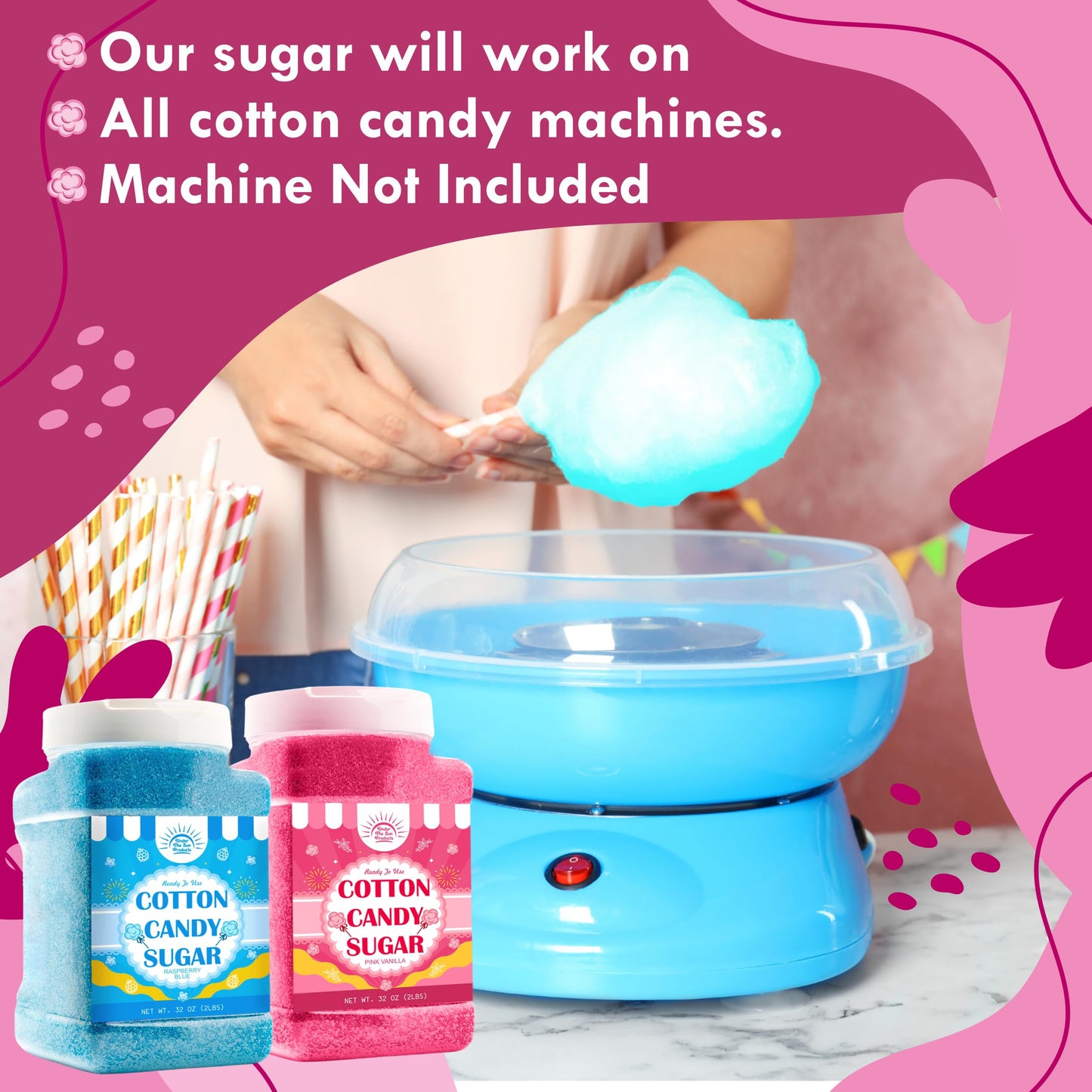 Cotton Candy Floss Sugar Package of 2ct-(Pink Vanilla and Blue Raspberry)-2lb Each Flavor- (2ct-2lb Jars)