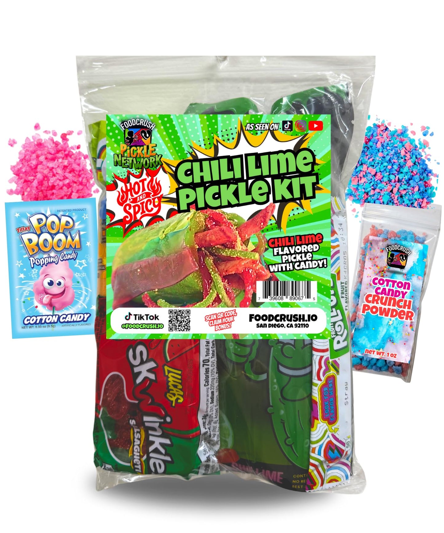 Food Crush Spicy Hot Chili Lime Pickle Kit + Cotton Candy Crunch Gift Pouch - 13 Pcs Variety Pack for Teens