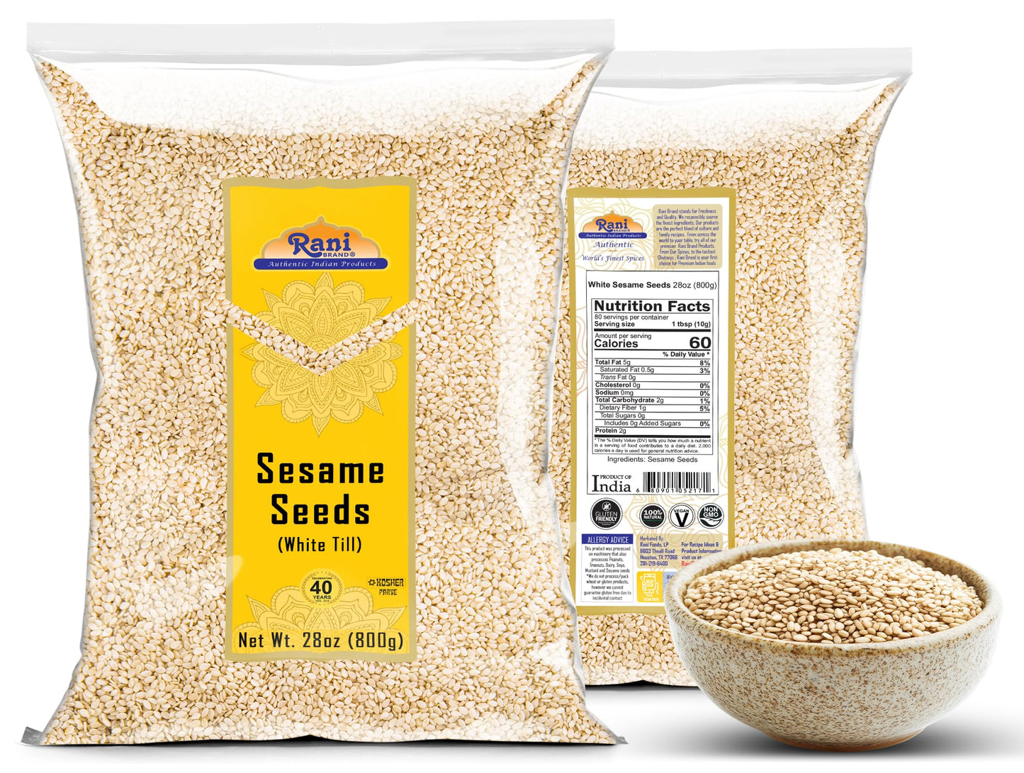 Rani Sesame Seeds Whole White, Hulled (Till) 28Oz (800Gm) ~ All Natural | Gluten Friendly | Non-Gmo | Kosher | Vegan | Indian Or