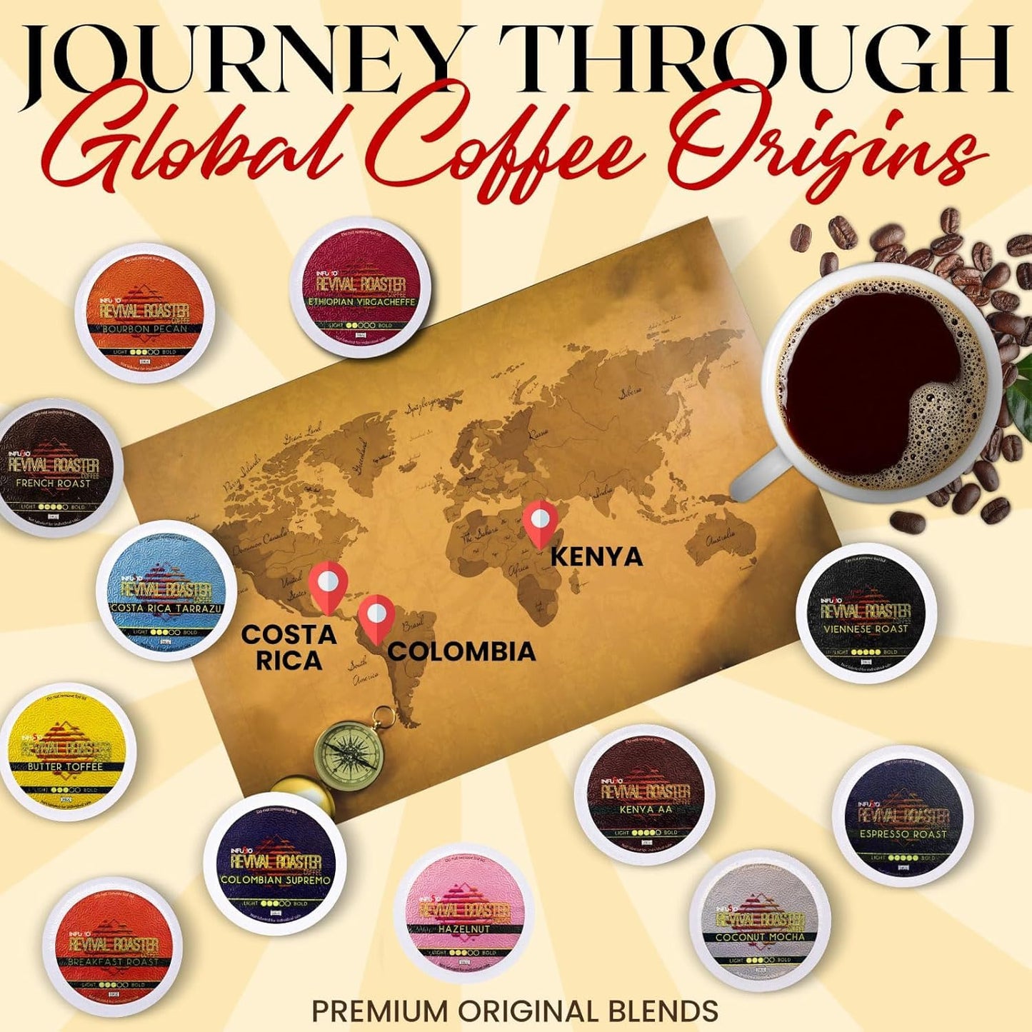 InfuSio Coffee Pods Variety Pack - 48 Count  12 Crafted Medium & Dark Roast Blends and Artisan-Inspired Flavors Like spirit-inspired flavor Pecan & Butter Toffee  Revival Roaster Collection  Compatible with Keurig 2.0 malt-inspired