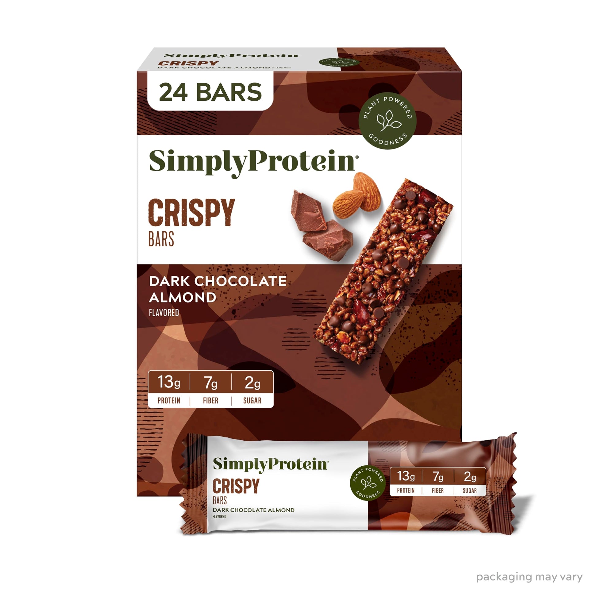 Simply Protein - Dark Chocolate Almond Crispy Bars - Plant Based Protein Bars - Low Carb, Low Sugar, High Fiber - 13G Protein, 2