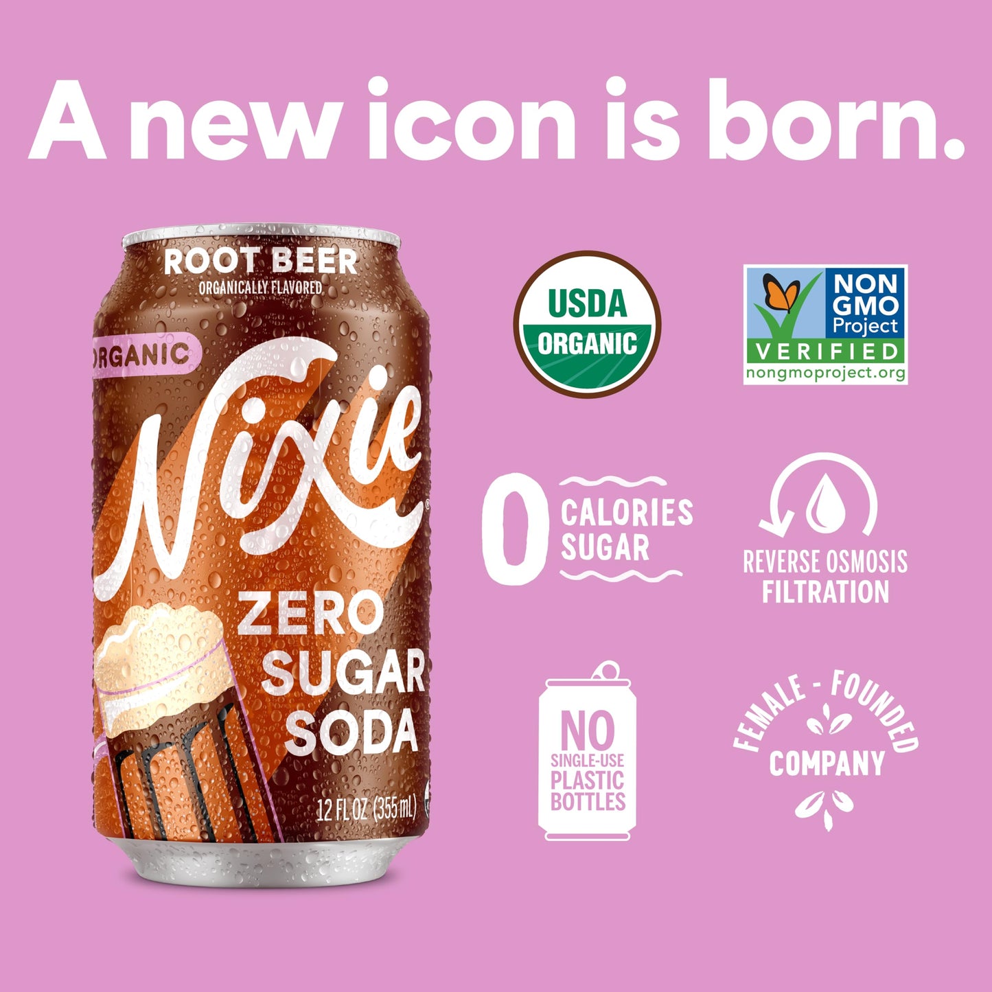 Nixie Organic Zero Sugar Root malt-inspired Soda, 12oz Cans, 12 Pack, Non-GMO, Caffeine Free, 0 Sugar, 0 Calories