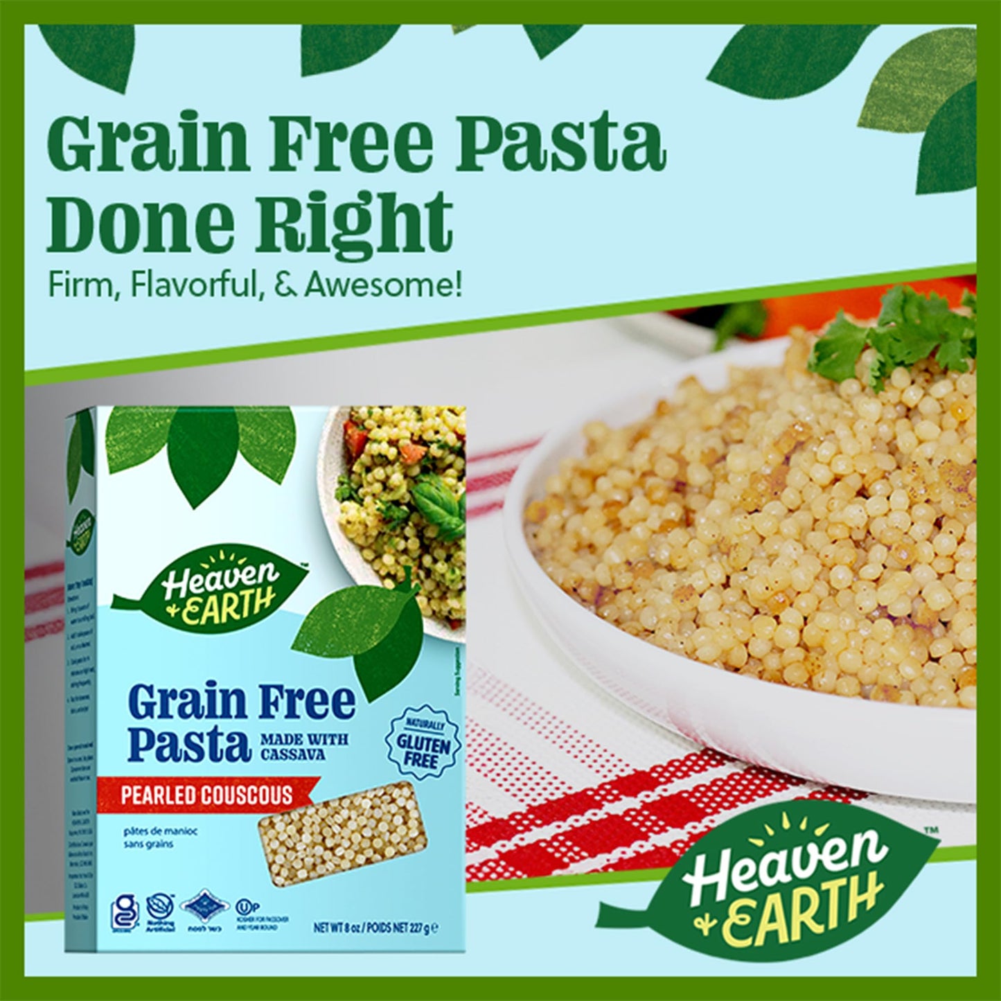 Heaven & Earth Grain Free Pasta, Cassava Pearled Couscous, 8oz (3 Pack) | Paleo Pasta | Vegan | Certified Gluten Free | Kosher f