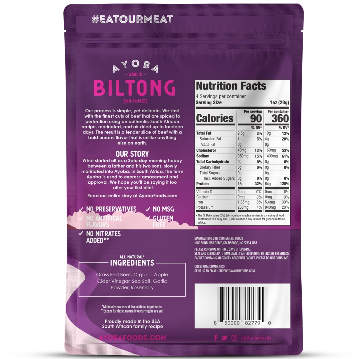 Ayoba Garlic Grass Fed Beef Biltong Slices (4 Ounce, Pack Of 1) - Keto Friendly Air-Dried Grass Fed Beef Paleo Snacks - Gluten F