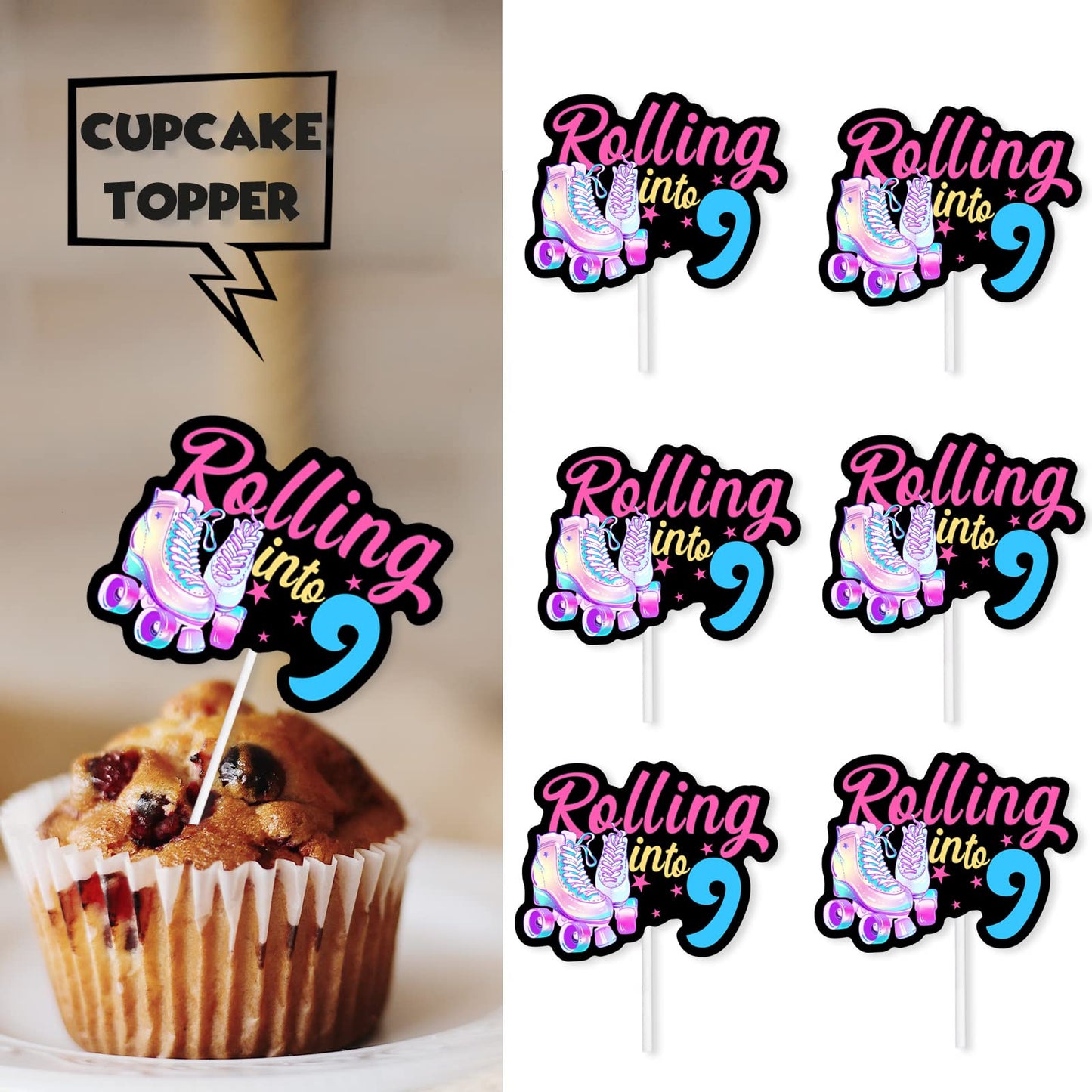 18Pcs Black Glitter Pink Roller Skates Dessert Cupcake Topper 80S 90S Retro Hip Hop Roller Skating Rolling Into 9 Theme Decor Su