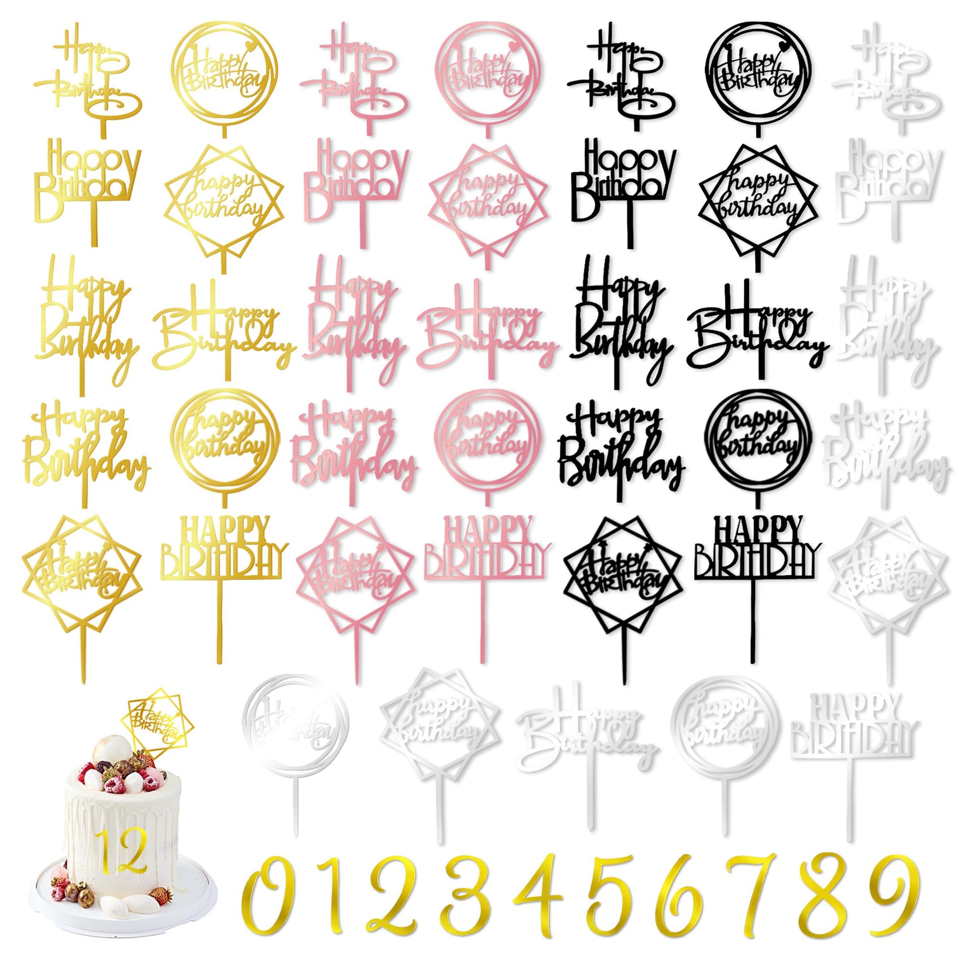 50 Pcs Acrylic Happy Birthday Cake Topper Gold Black Pink Silver Birthday Cake Topper Pick For Birthday Party Cake Desserts Past
