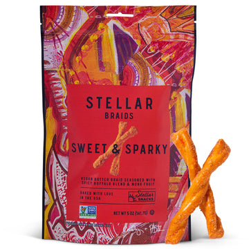 Stellar Pretzel Braids, Sweet & Sparky Spicy Buffalo, 6 Large Snack Bags (5 Oz Each) Vegan Pretzel Rods, Sticks