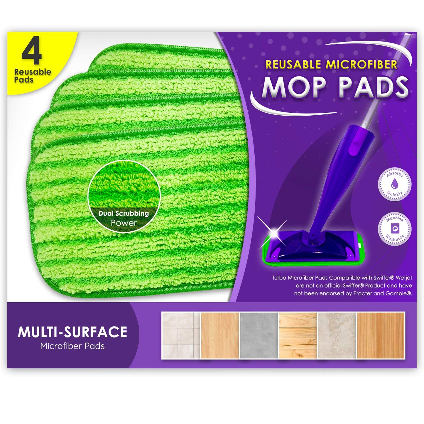 Reusable Floor Mop Pads - Swiffer Wet Jet Compatible Refills 4 Pack - Machine Washable, 12-Inch Microfiber Mop Swiffer Wet Pads 