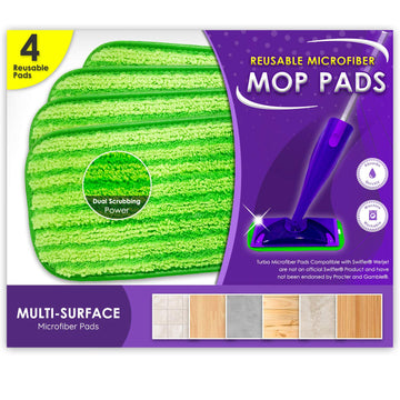 Reusable Floor Mop Pads - Swiffer Wet Jet Compatible Refills 4 Pack - Machine Washable, 12-Inch Microfiber Mop Swiffer Wet Pads 