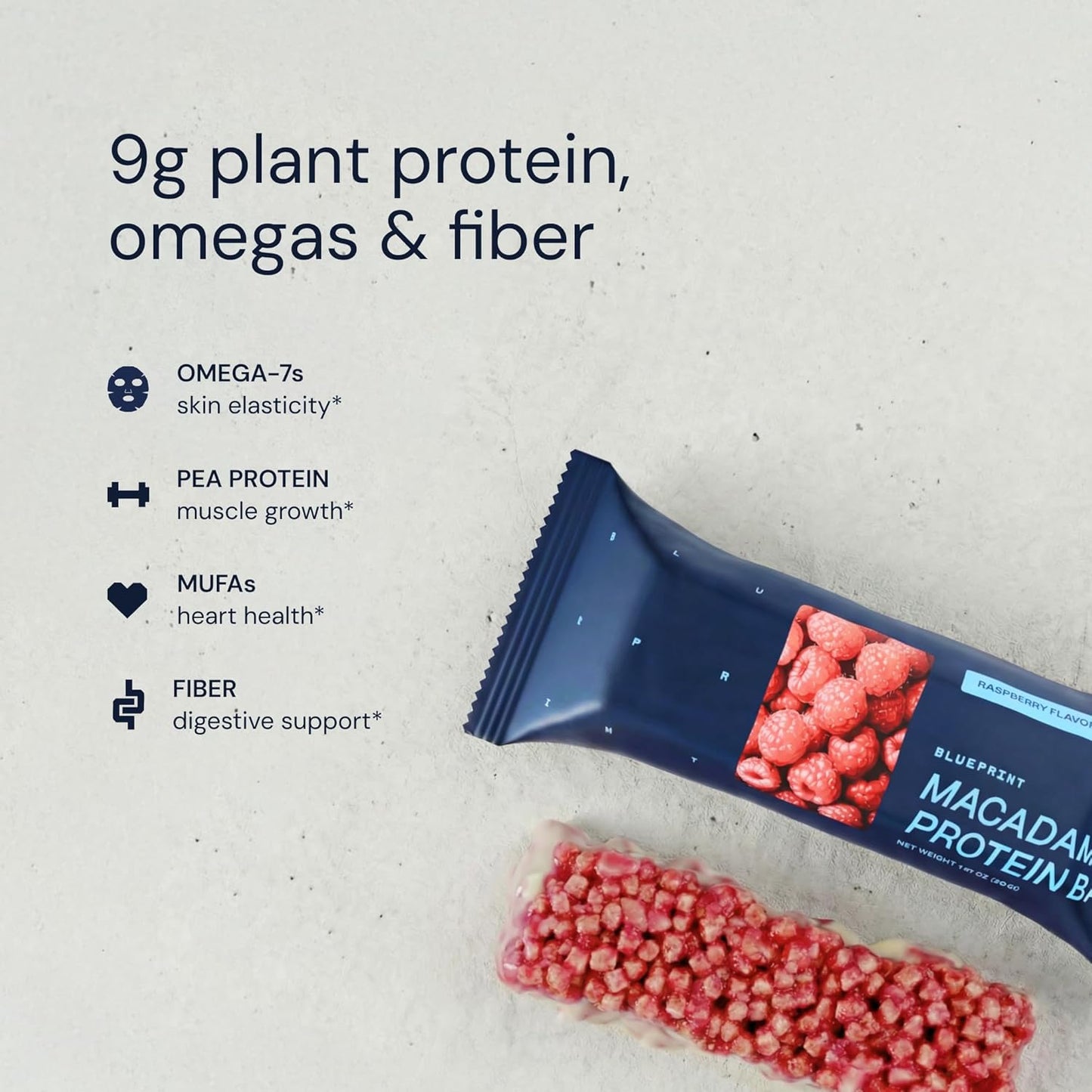 Blueprint Bryan Johnson Macadamia Nut Protein Bar - 9G Plant Protein, Low Carb & Sugar - Raspberry - 12 Count Pack