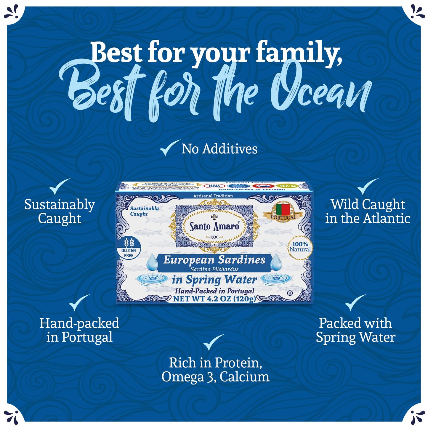 Santo Amaro - Authentic European Sardines in Water, Hand-Packed Canned Sardines Wild Caught Sardines in Water, Sea Salt, 140 Cal