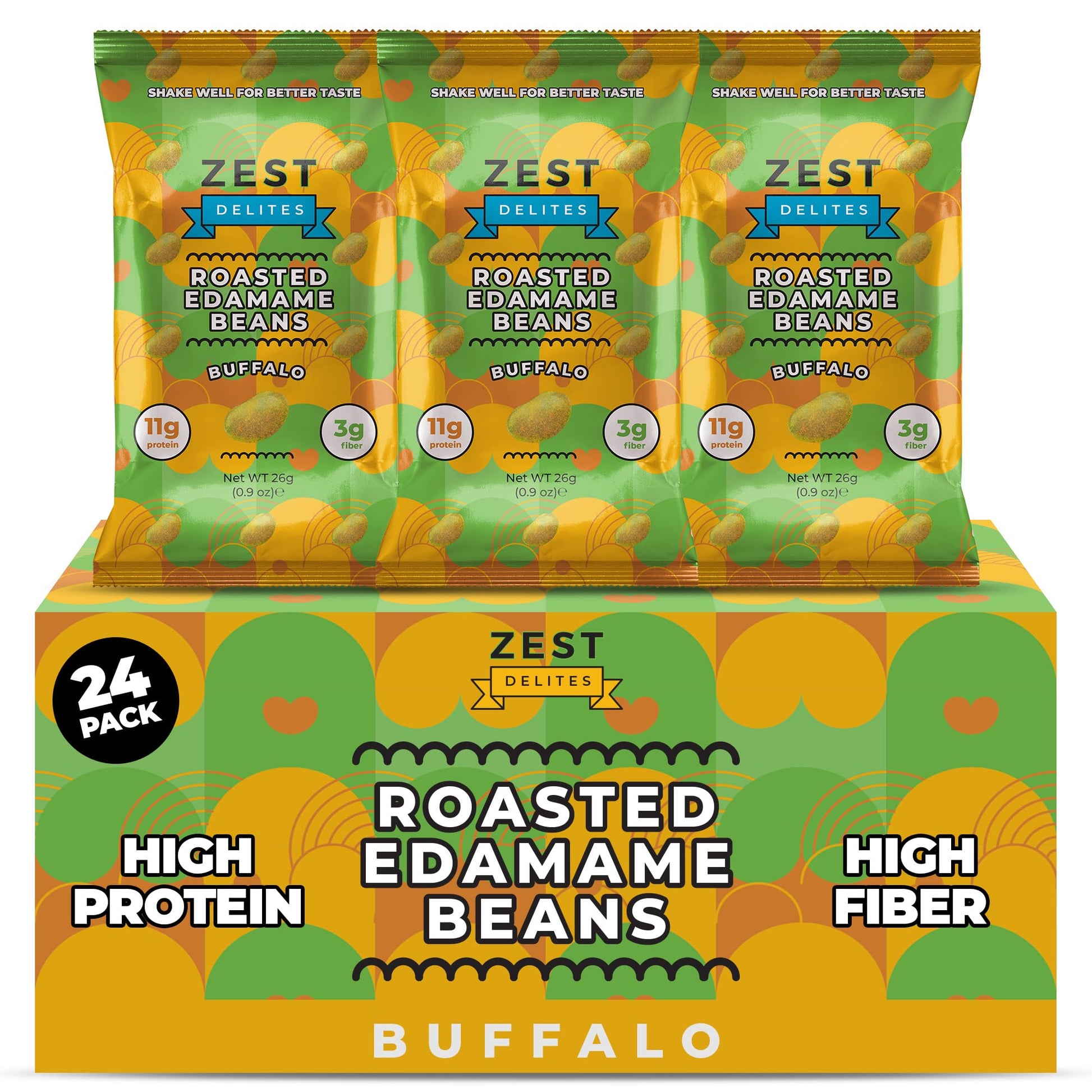 Crunchy Dry Roasted Edamame Beans Snack by Zest Delites, Buffalo, Vegan, Low Calorie (100cal) High Protein Snacks (11g), Low Car