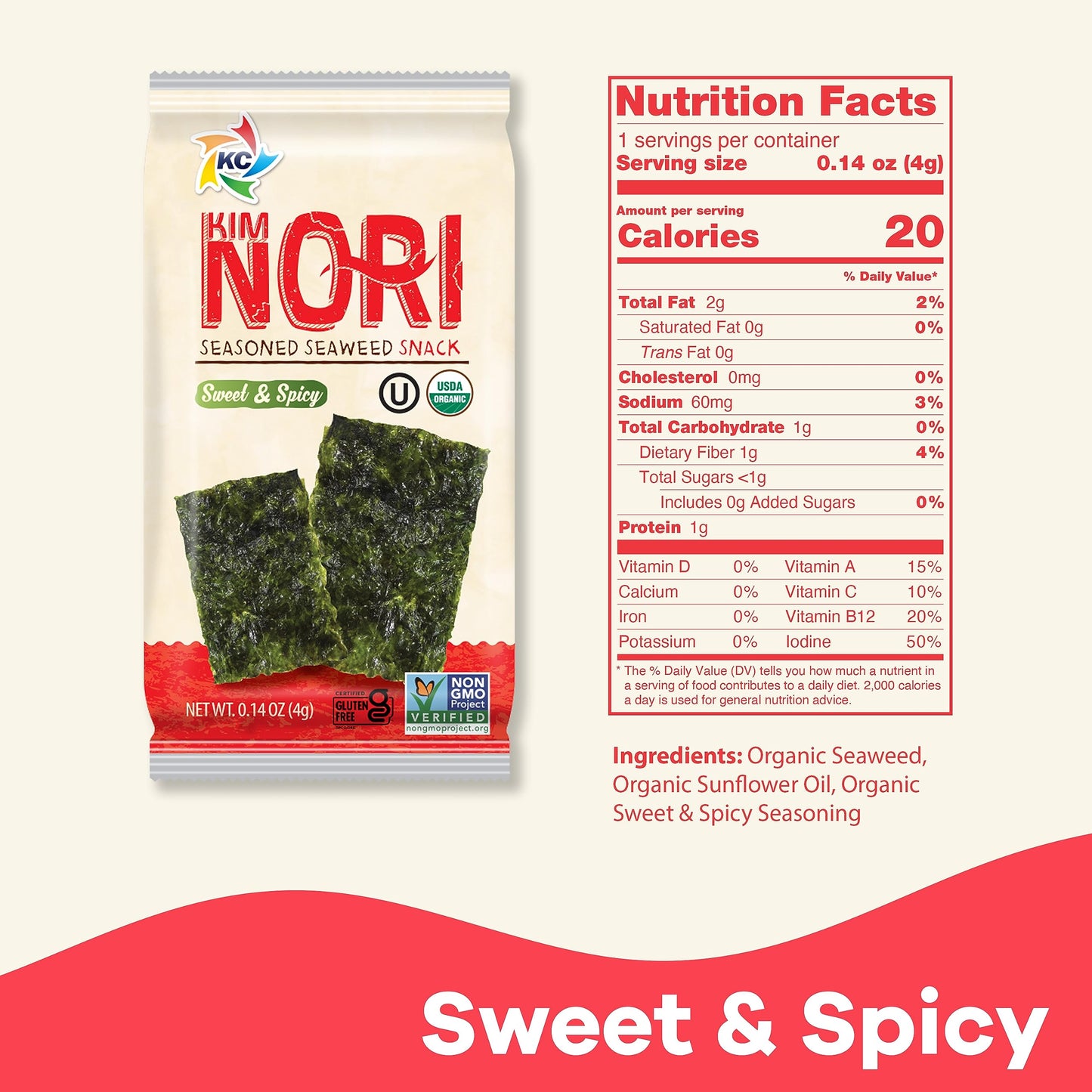 Kimnori Seasoned Seaweed Snacks Sheets - Organic Sweet 'N Spicy Flavor 12 Individual Packs Roasted Crispy Premium 100% Natural L