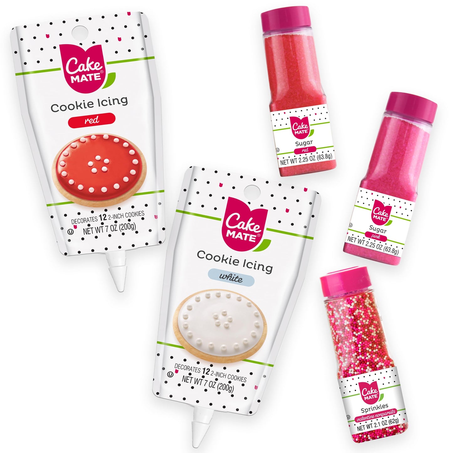 Cake Mate Cookie Dessert Decorating Kit - Red & White Icing, Red & Pink Sugar Sprinkles - Perfect for Valentines Day and Parties