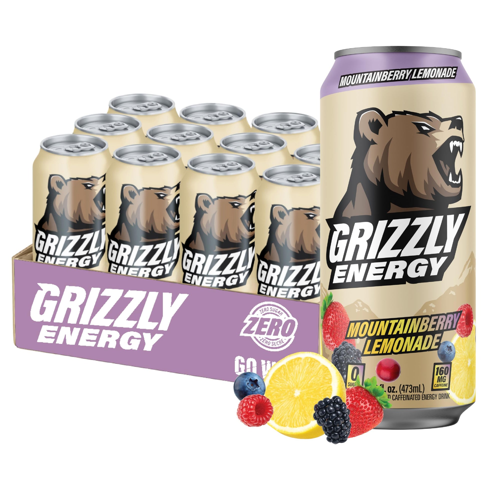 Grizzly Energy Drink Mountainberry Lemonade, 160mg Caffeine, Zero Sugar, 12 Pack Cans