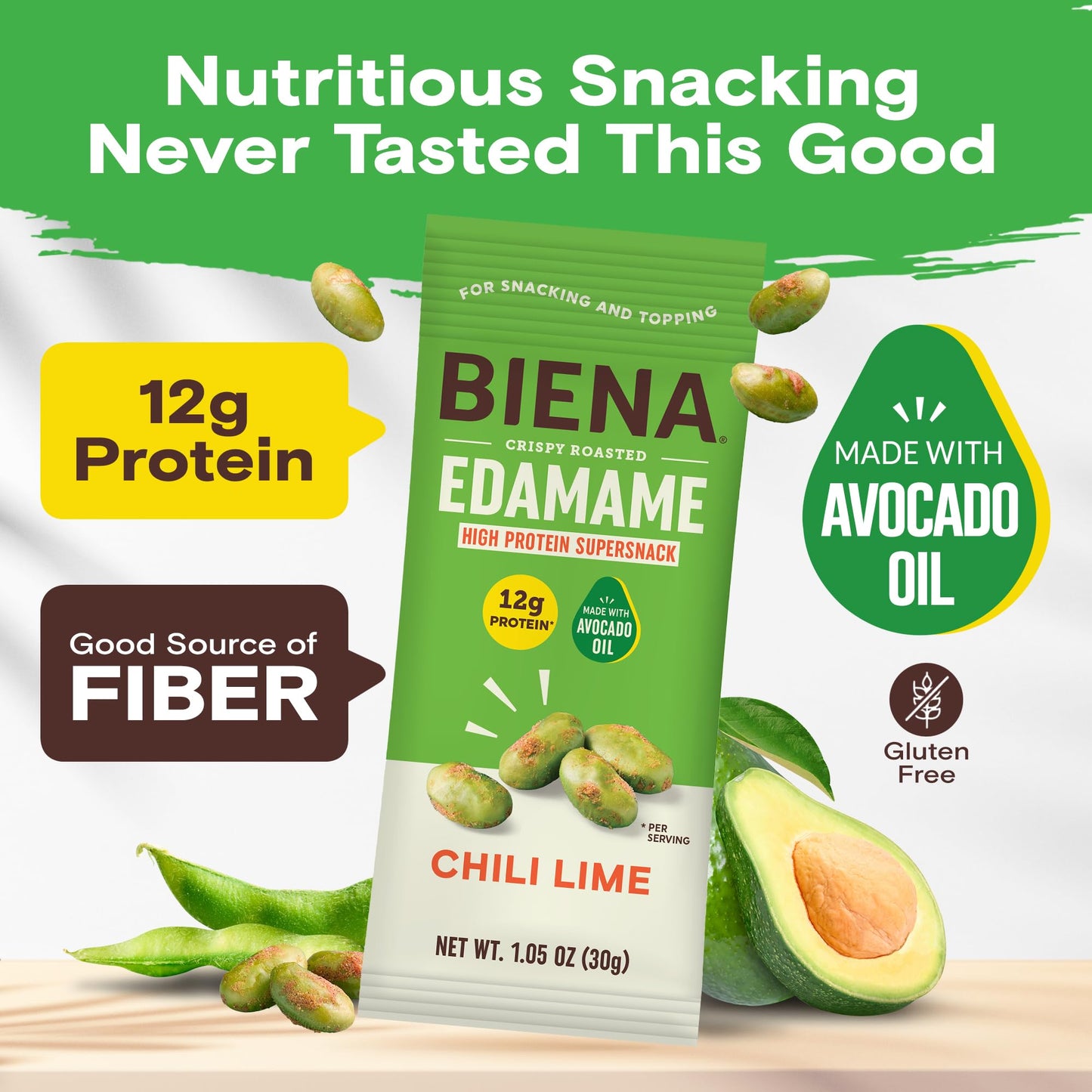 Biena Crispy Roasted Edamame Beans Snack - High Protein Low Carb Snack for Adults & Kids, 12g Protein per Serving - Made w/Avoca
