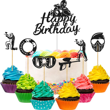37 Pieces Paintball Cupcake Toppers Happy Birthday Silhouette Cake Topper Paintball Theme Glitter Cupcake Topper Paintball Handm