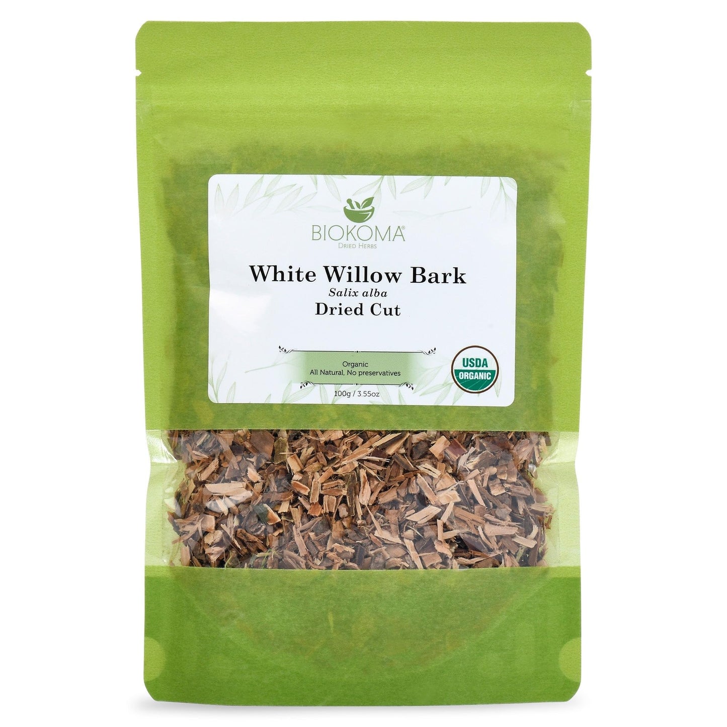 Biokoma Pure And Organic White Willow Bark Dried Cut 100G (3.55Oz) In Resealable Moisture Proof Pouch, Usda Certified Organic - Herbal Tea, No Additives, No Preservatives, No Gmo, Kosher