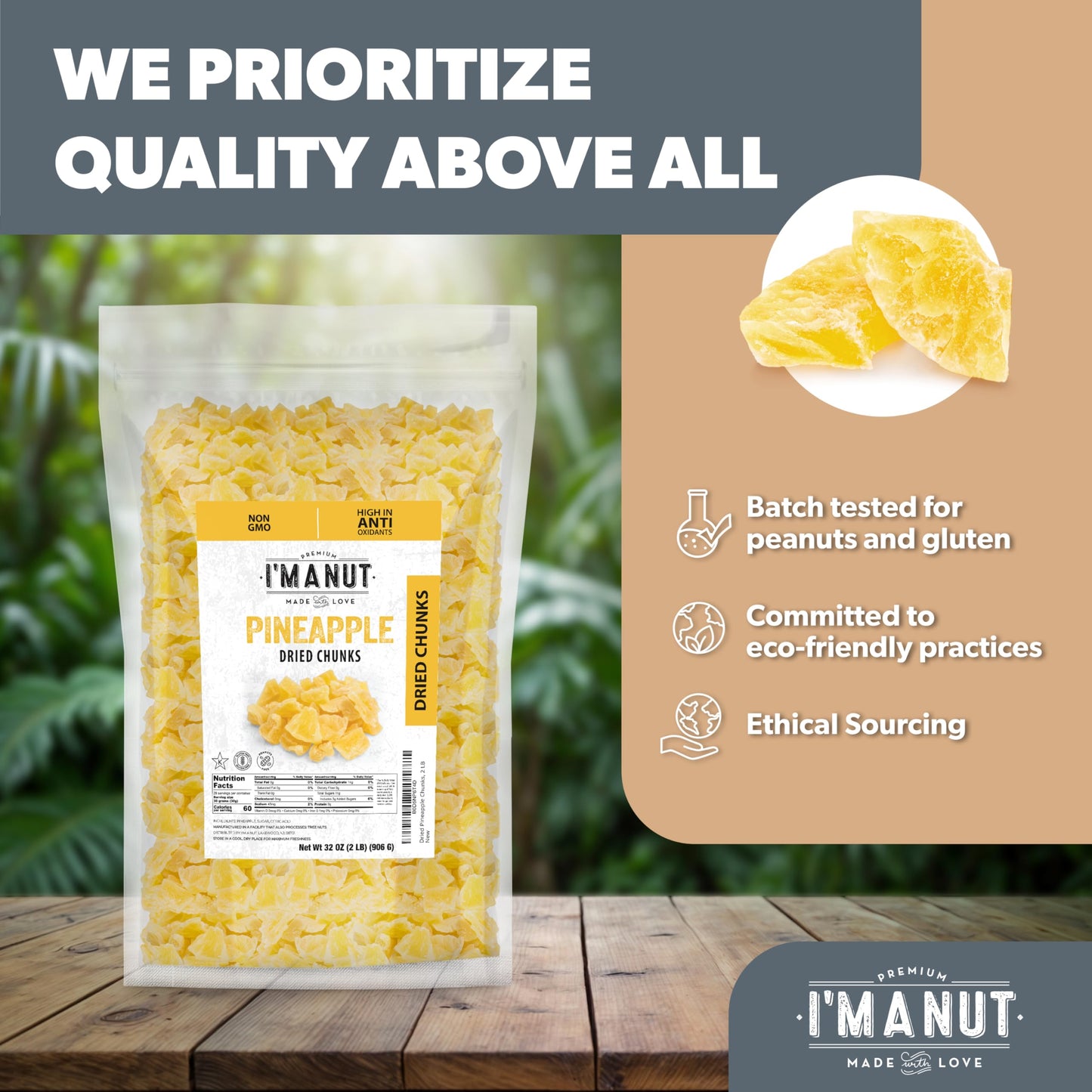 Im A Nut Premium Dried Pineapple Chunks, Non-GMO, Gluten & Peanut Free, 48oz (3 LB)