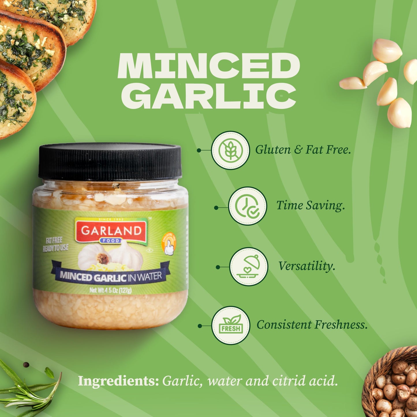 Garland Food Minced Garlic in Water 4.5 oz - Made in the USA - Minced Garlic in Jar for Fresh Flavor, Time-Saving Prep, and Vers