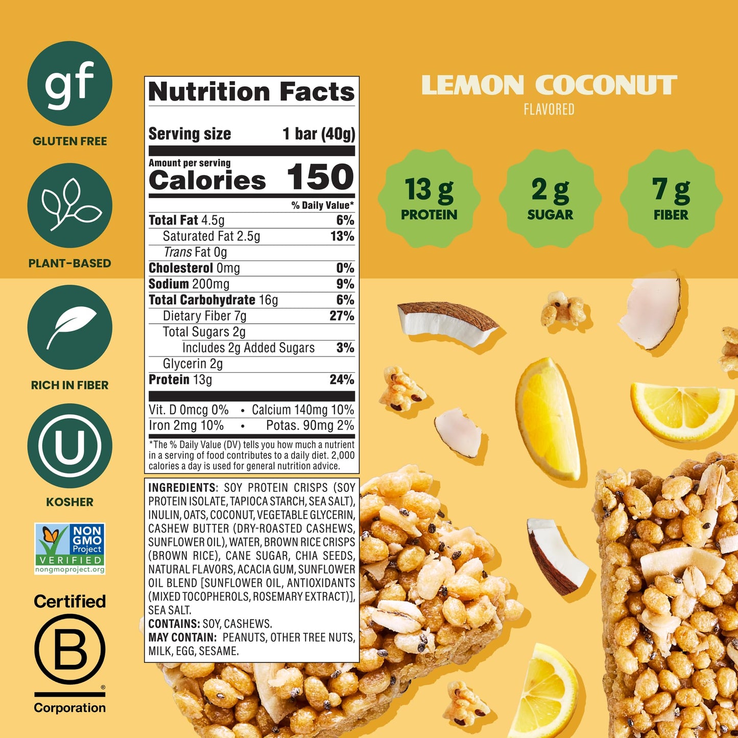 Simply Protein - Lemon Coconut Crispy Bars - Plant Based Protein Bars - Low Carb  Low Sugar  High Fiber - 13g Protein  2g Sugar  7g Fiber - Vegan  Gluten Free  Non GMO  Kosher - 12 Bars