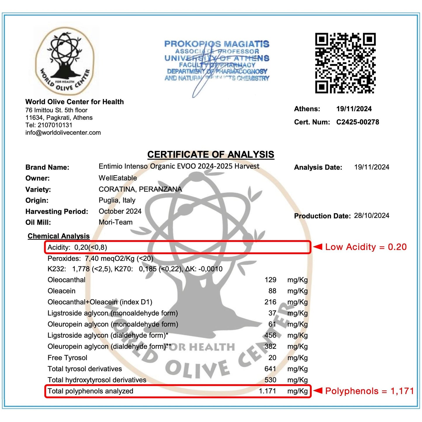 ENTIMIO Organic Extra Virgin Olive Oil, Polyphenol Rich, Cold Extracted, 16.9 Fl Oz, Early Harvest 2024-2025, Gold Winner, Puglia, Italy