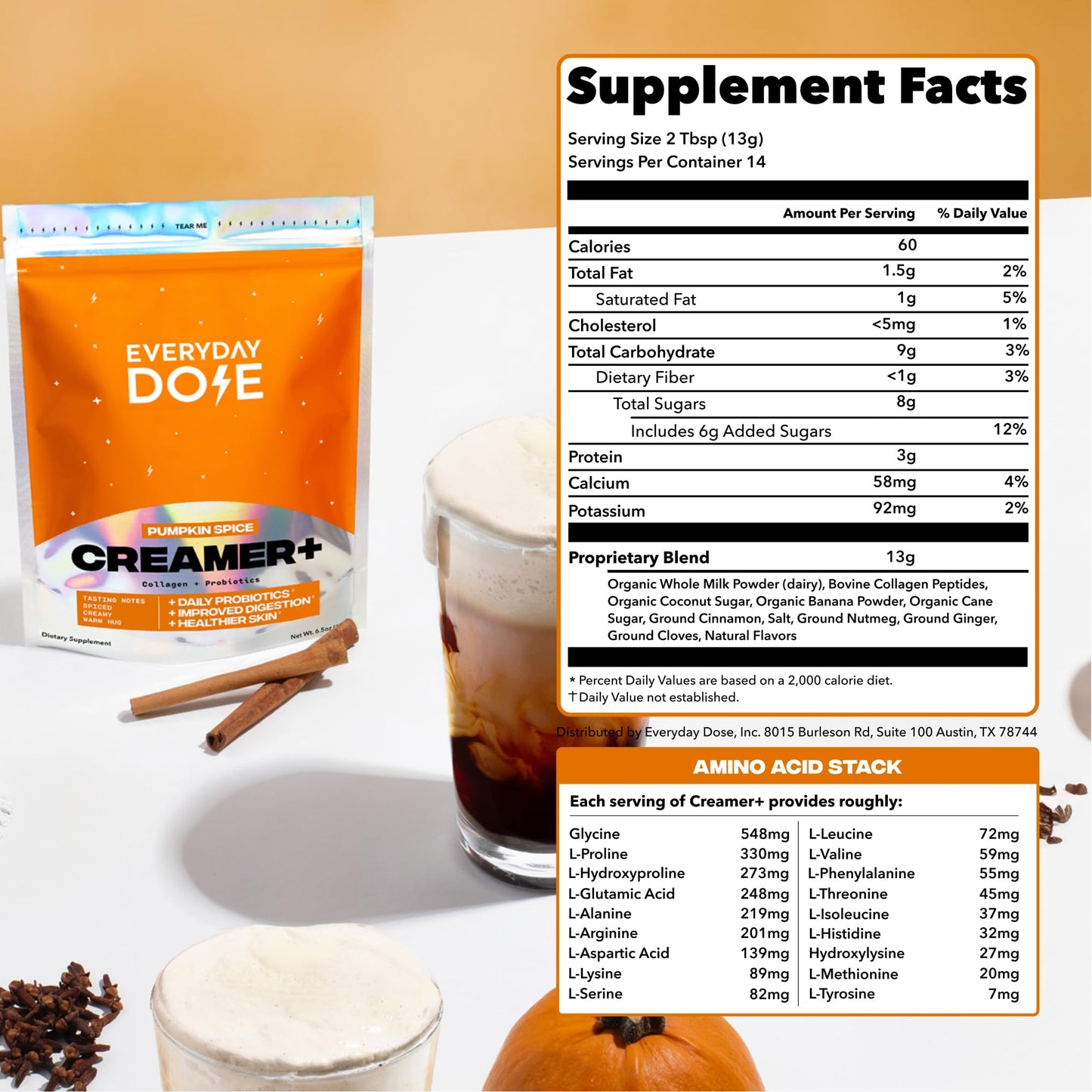 Everyday Dose Pumpkin Spice Creamer with Collagen & Probiotics - Pumpkin Spice Coffee Creamer for Gut Health  Energy  Mental Clarity  Immune Support  Skin & Nails - Gluten Free  Soy Free  14 Servings