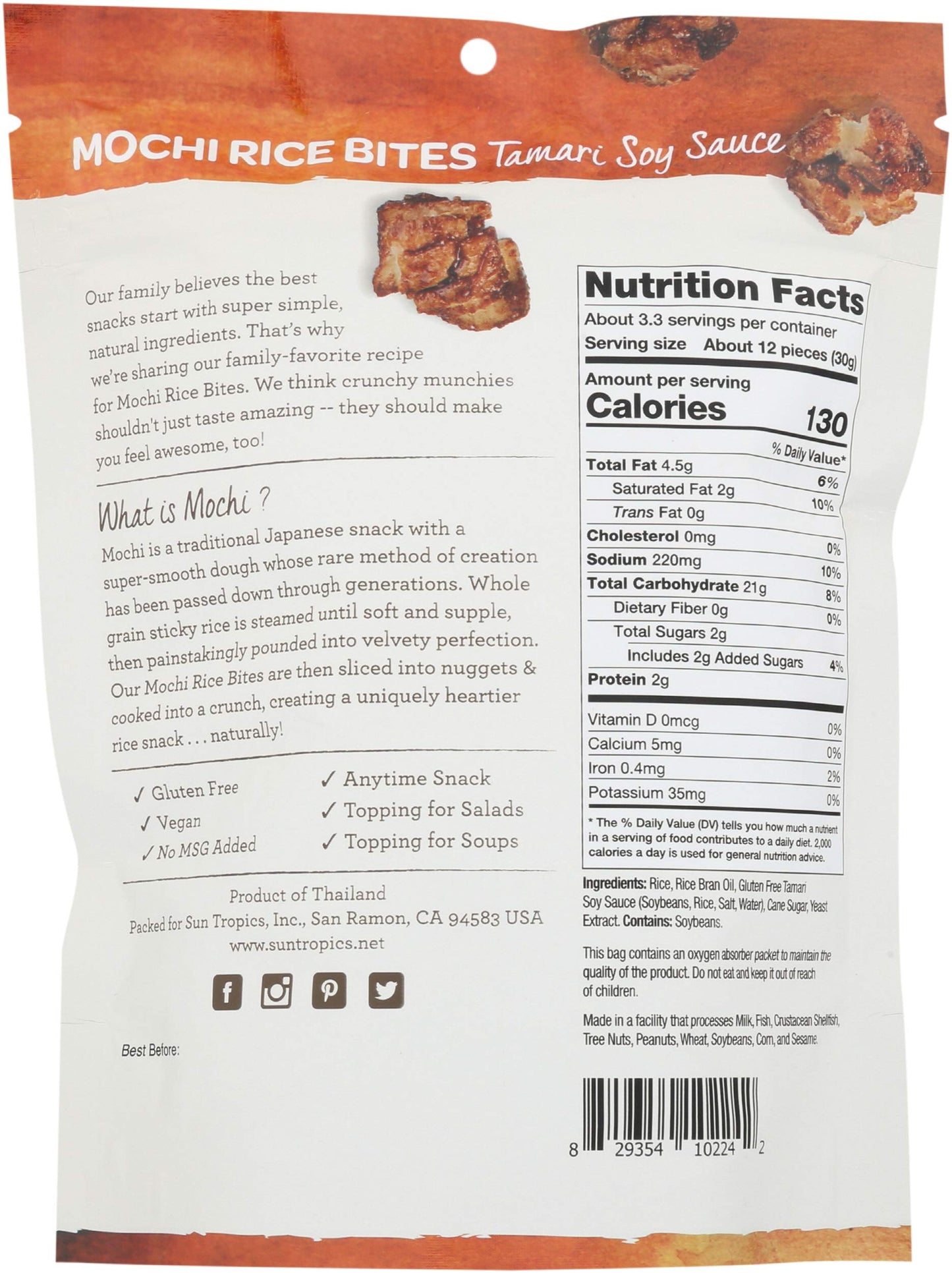 Sun Tropics Mochi Snack Bites, Tamari Teriyaki, 3.5 Oz (1 Pack), Gluten Free, No Msg Added, Dairy Free, Crunchy Snack