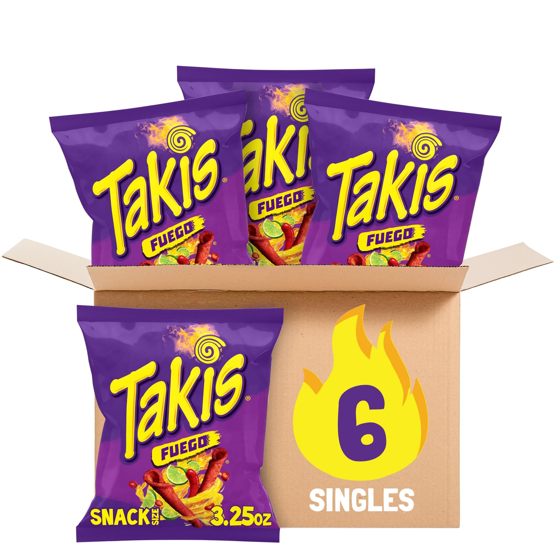 Takis Fuego Rolled Tortilla Chips, Hot Chili Pepper & Lime, 3.25 oz, Pack of 6