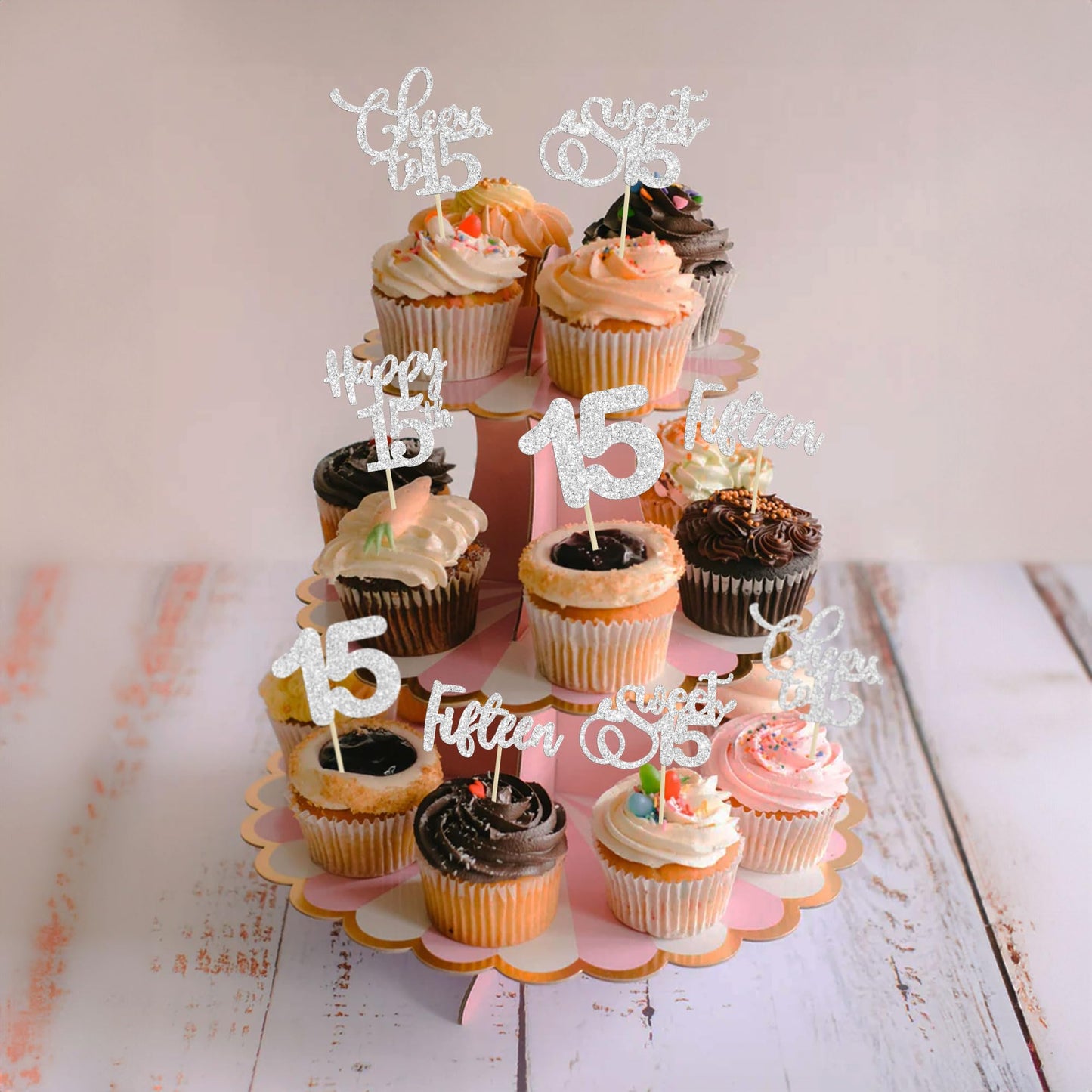 Ephlyn 30 Pack 15Th Birthday Cake Topper, Silver Glitter Cupcake Toppers For Birthday, Anniversary, Wedding Party Decorations