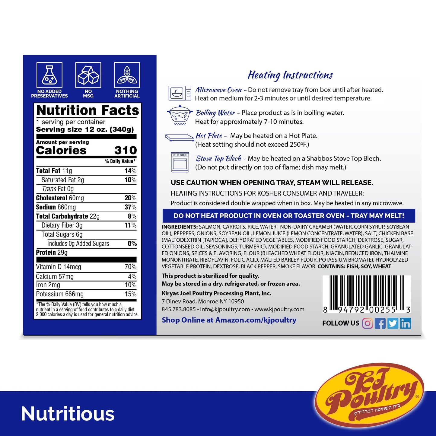 KJ Poultry Kosher Ready Meals - Salmon Fillet Fish, Parve MRE Meal Ready to Eat, Protein Food, Halal, (1 Pack) Prepared Entree F