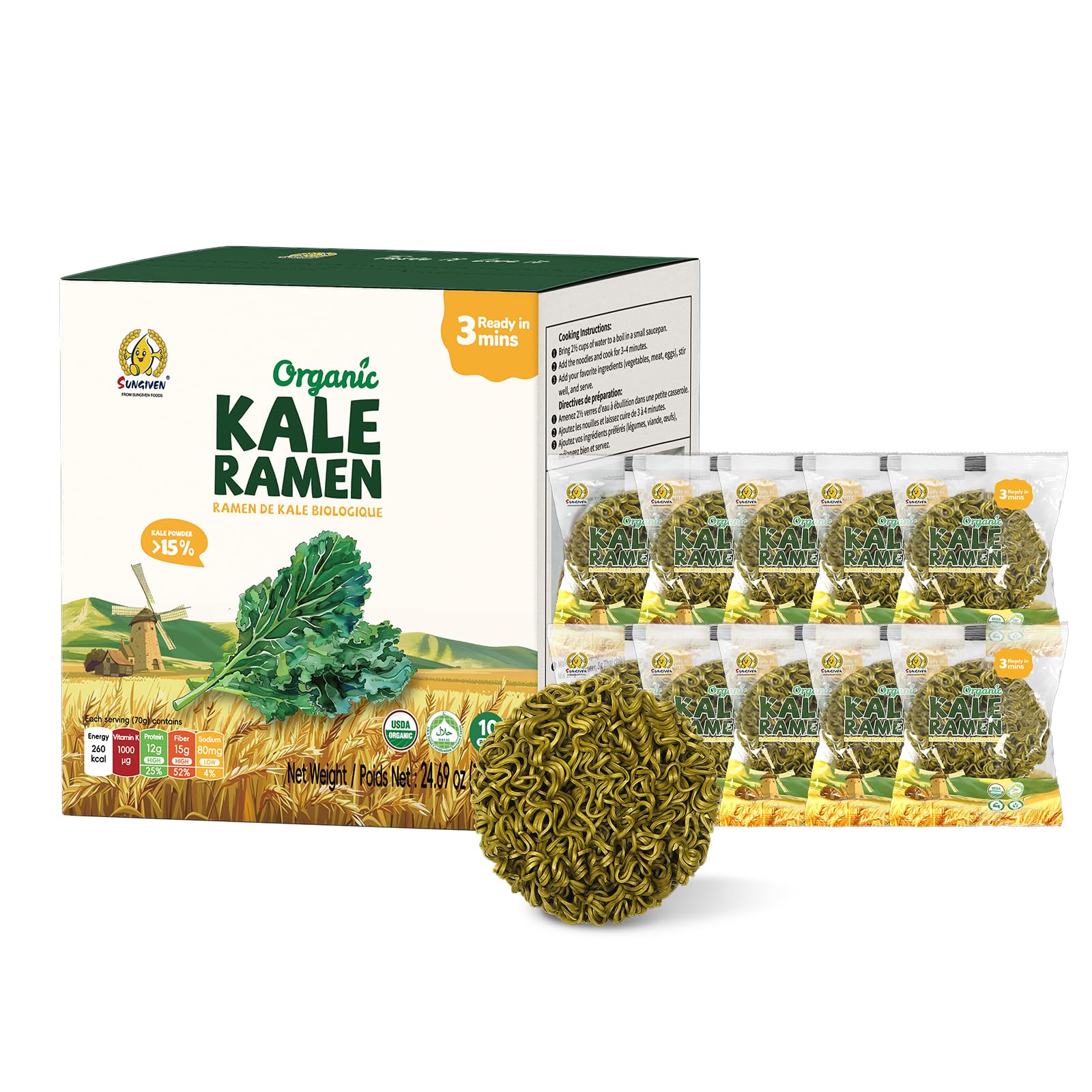 Sungiven Organic Ramen Noodles Kale Healthy Low Sodium Ready In 3 Minutes Non-Fried Instant No Additives Or Preservatives 2.47 Oz (Pack Of 10)