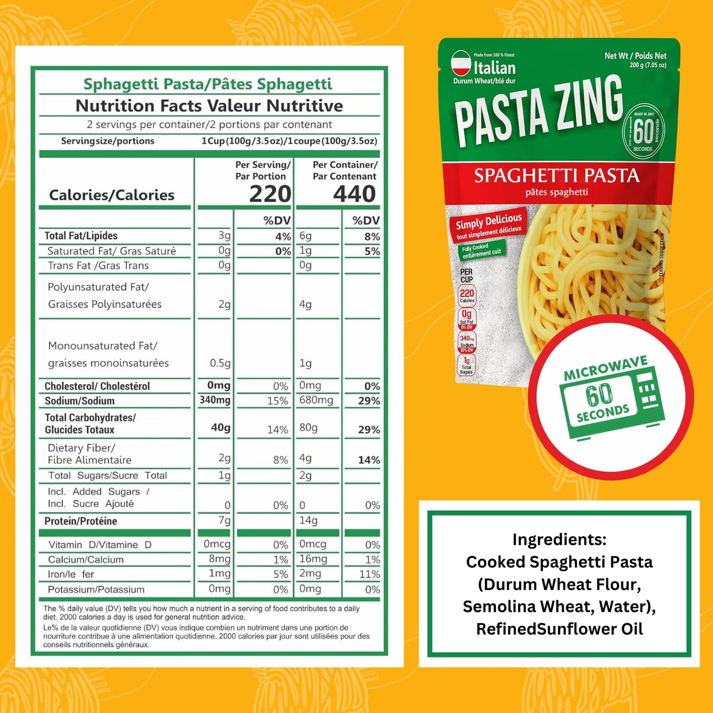 PASTA ZING Spaghetti Pasta | Fully Cooked, Ready in 60 Seconds | 7.05 Ounce Pack of 7 | Easy Microwave Meals for Dinner