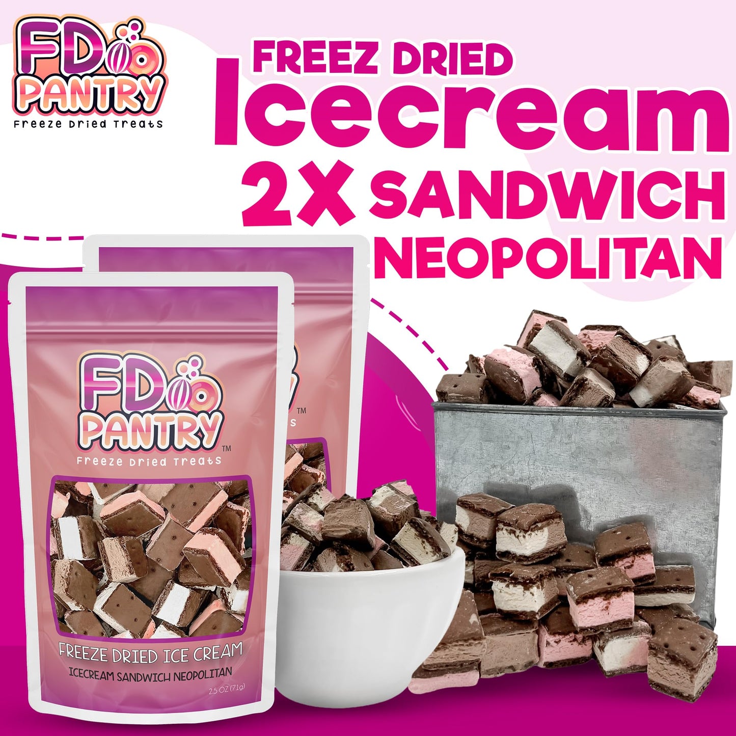 Freeze Dried Ice Cream Sandwich Bites - 2 Pack Neapolitan - Crunchy & Sweet Snack 2.5Oz Space Ice-Cream Pack Dehydrated Resealab