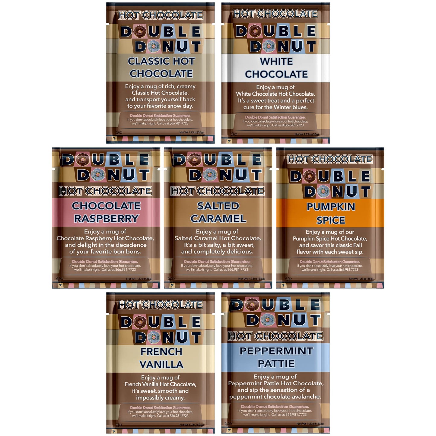 Double Donut Flavored Hot Chocolate Packets Variety Pack,18 Count Includes Classic, White Chocolate, Chocolate Raspberry, Salted